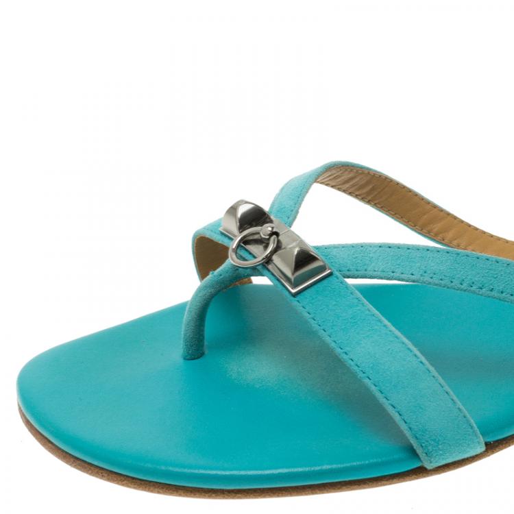 Pre Owned Hermes Blue Leather Corfou Sandals Size 38