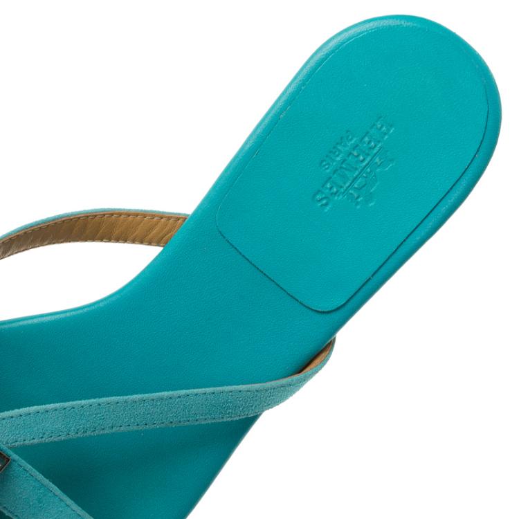 Pre Owned Hermes Blue Leather Corfou Sandals Size 38