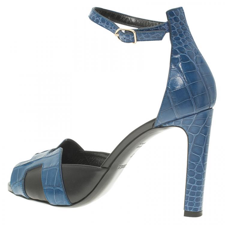 Pre Owned Hermes Blue Croc and Black Leather Initiale Sandals Size 37