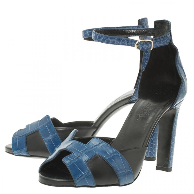 Pre Owned Hermes Blue Croc and Black Leather Initiale Sandals Size 37