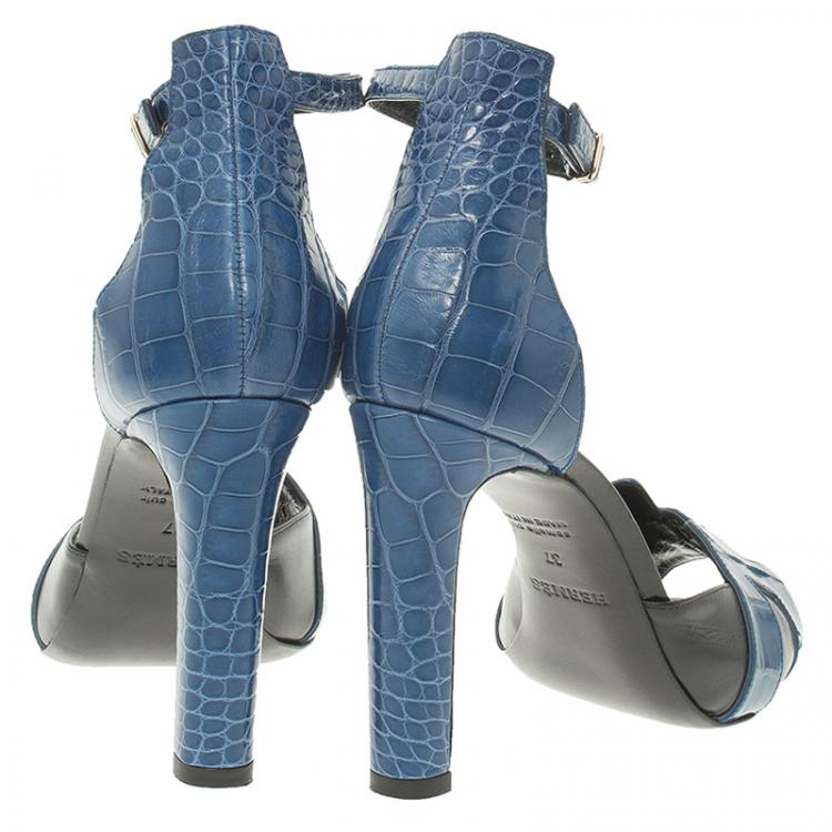 Pre Owned Hermes Blue Croc and Black Leather Initiale Sandals Size 37