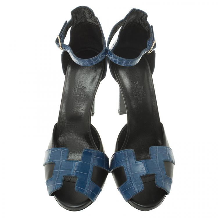 Pre Owned Hermes Blue Croc and Black Leather Initiale Sandals Size 37