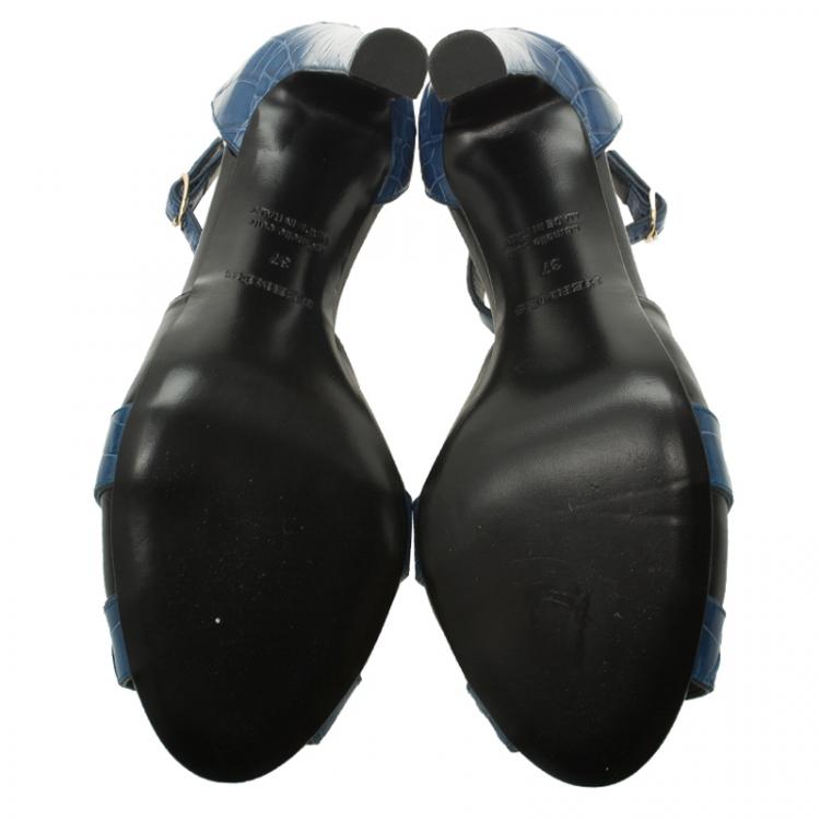 Pre Owned Hermes Blue Croc and Black Leather Initiale Sandals Size 37