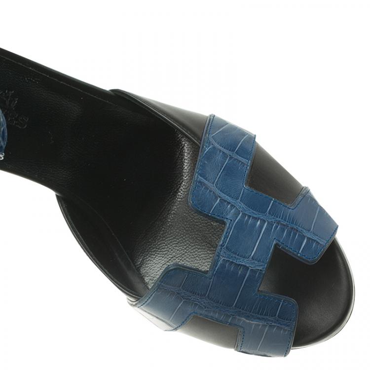 Pre Owned Hermes Blue Croc and Black Leather Initiale Sandals Size 37