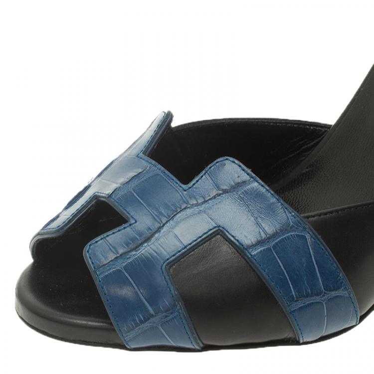 Pre Owned Hermes Blue Croc and Black Leather Initiale Sandals Size 37