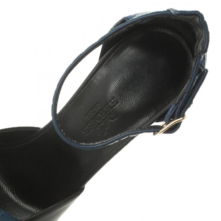 Pre Owned Hermes Blue Croc and Black Leather Initiale Sandals Size 37