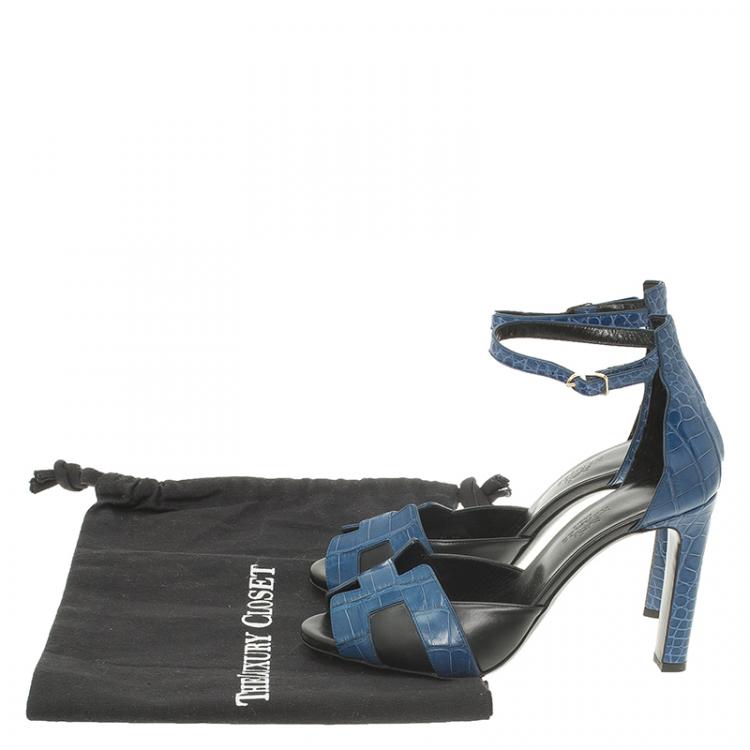 Pre Owned Hermes Blue Croc and Black Leather Initiale Sandals Size 37