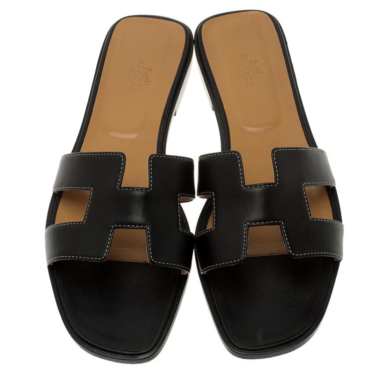 Pre Owned Hermes Black Leather Oran Sandals Size 41