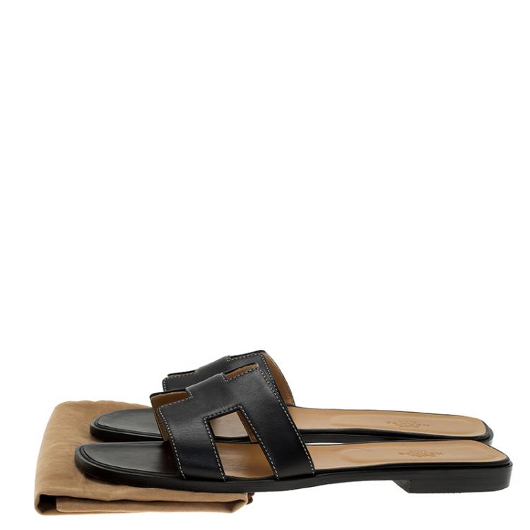 Pre Owned Hermes Black Leather Oran Sandals Size 41