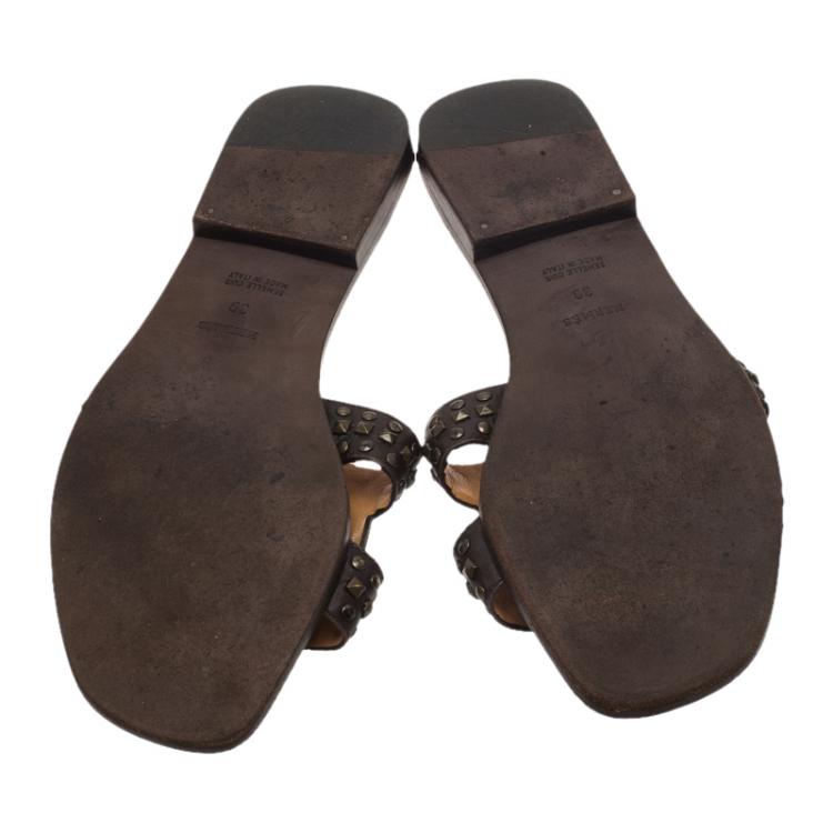 Pre Owned Hermes Brown Studded Leather Oran Sandals Size 39