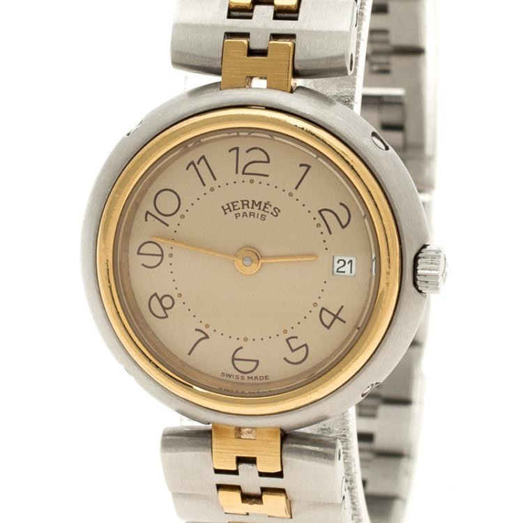 Pre Owned Hermes Beige Gold Tone And Stainless Steel Clipper Women's Wristwatch 25 mm