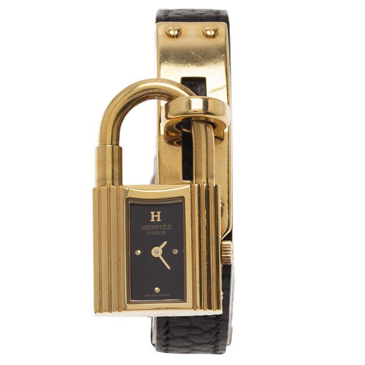 Pre Owned Hermes Black Gold-Plated Stainless Steel Kelly Women's Wristwatch 20MM