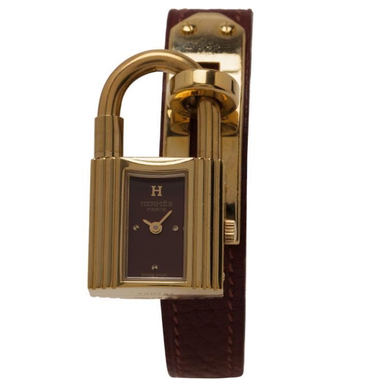 Pre Owned Hermes Burgundy Gold-Plated Stainless Steel Kelly Women's Wristwatch 20MM