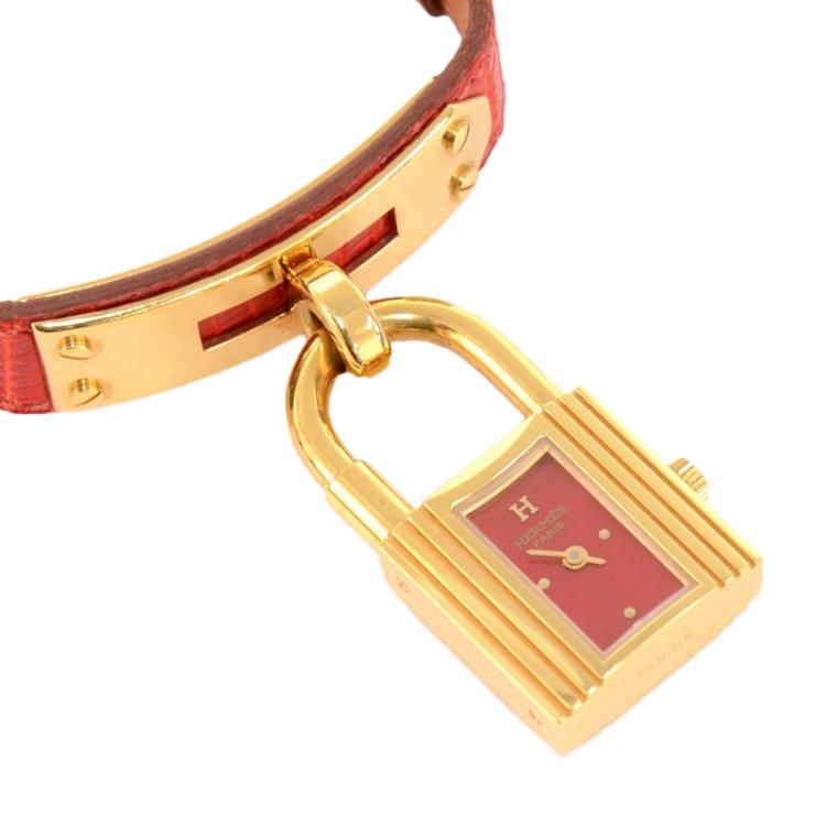 Pre Owned Hermes Red Gold-Plated Stainless Steel Kelly Women's Wristwatch 20MM