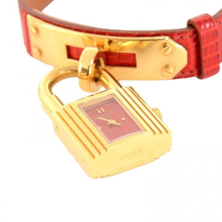 Pre Owned Hermes Red Gold-Plated Stainless Steel Kelly Women's Wristwatch 20MM