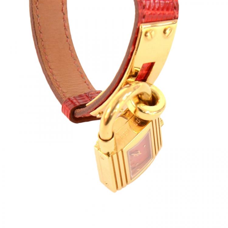 Pre Owned Hermes Red Gold-Plated Stainless Steel Kelly Women's Wristwatch 20MM