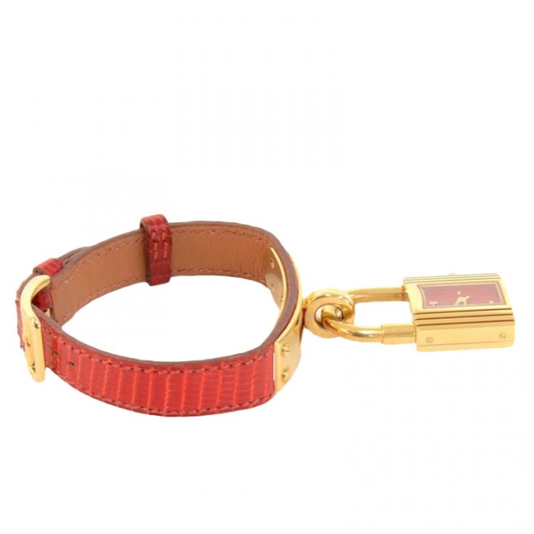 Pre Owned Hermes Red Gold-Plated Stainless Steel Kelly Women's Wristwatch 20MM
