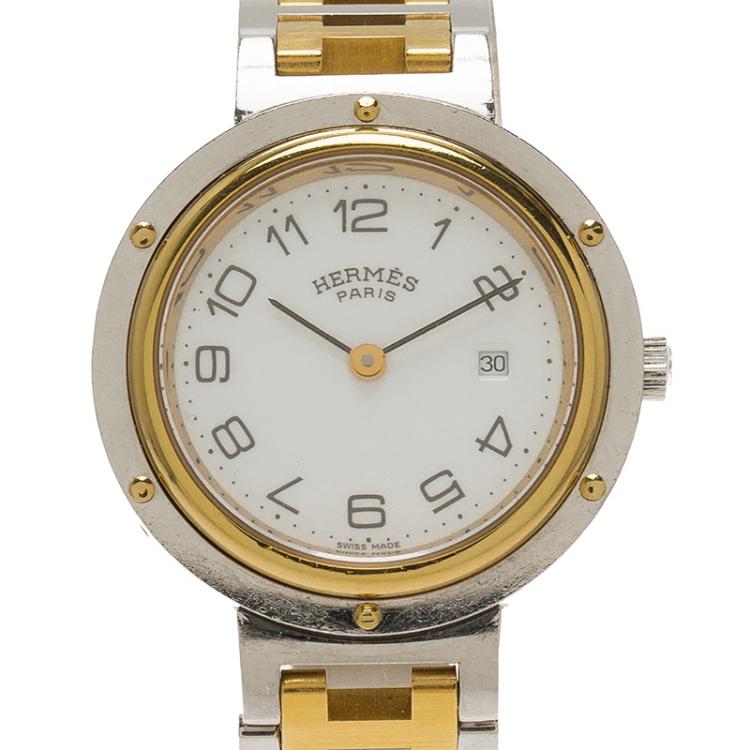 Pre Owned Hermes White Gold-Plated Stainless Steel Clipper Women's Wristwatch 30MM