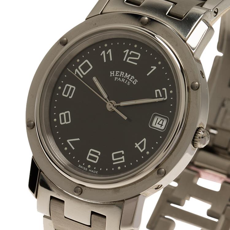 Pre Owned Hermes Black Stainless Steel Clipper Women's Wristwatch 36MM