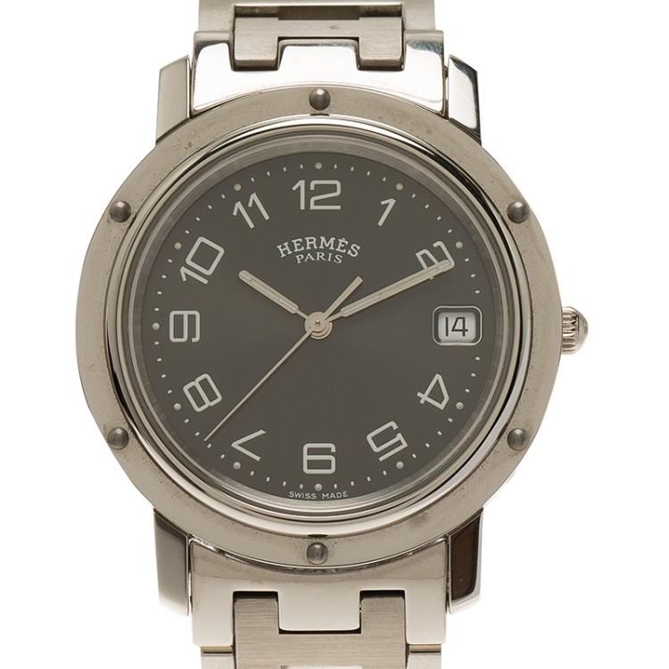Pre Owned Hermes Black Stainless Steel Clipper Women's Wristwatch 36MM