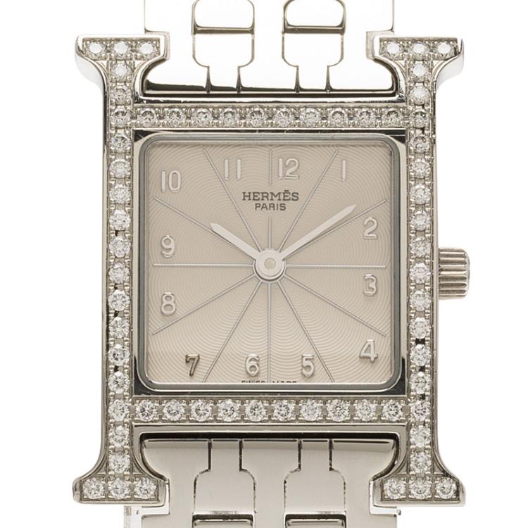 Pre Owned Hermes Cream Stainless Steel Diamonds Heure H Women's Wristwatch 21MM