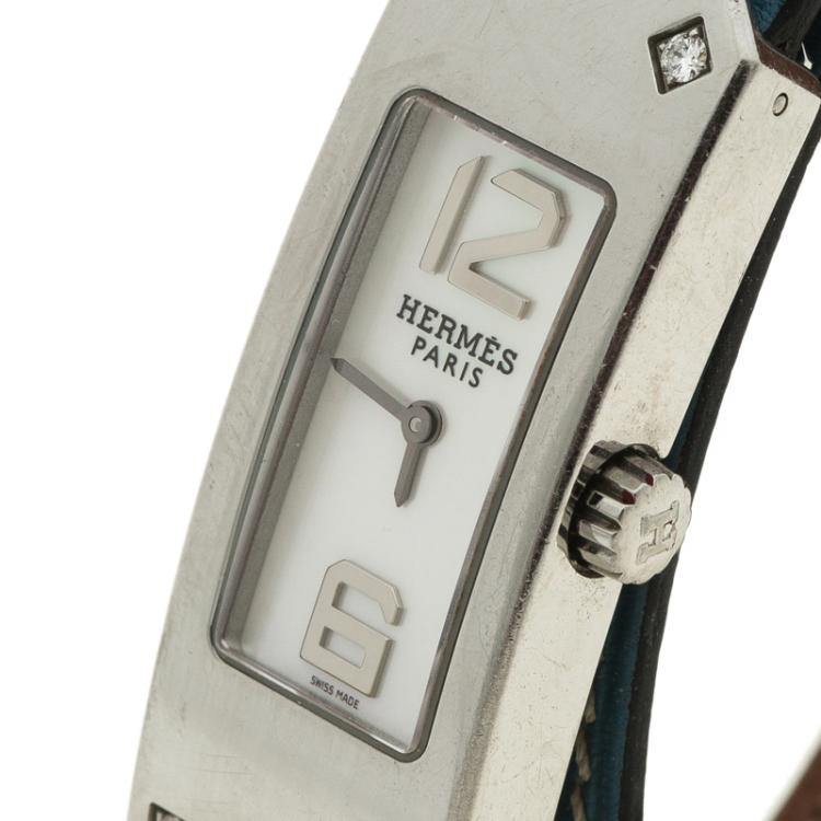 Pre Owned Hermes Mother of Pearl Diamond Stainless Steel Kelly 2 K1.230 Double Tour Women's Wristwatch 15MM