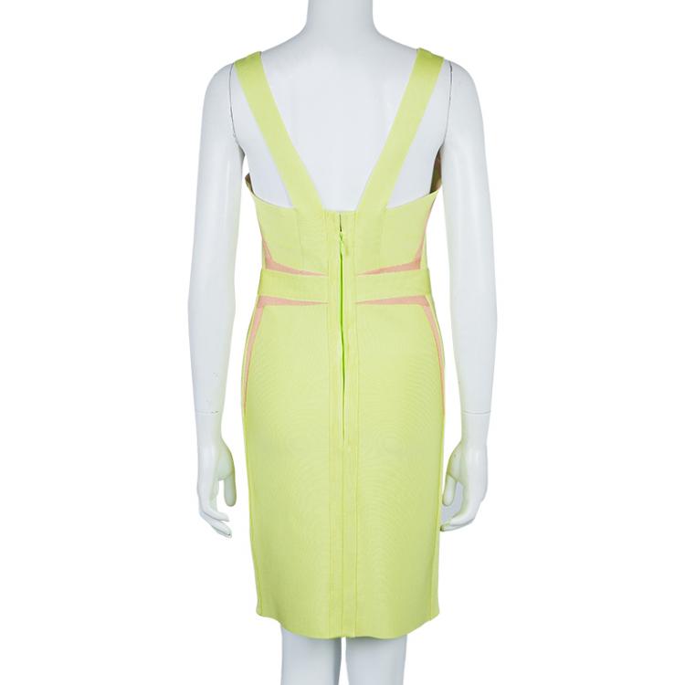 Pre Owned Herve Leger Citrus Yellow Estelle Bandage Dress M