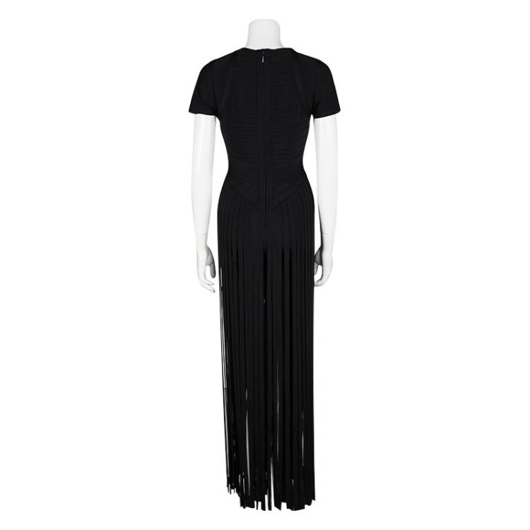 Pre Owned Herve Leger Black Geena Fringe Bandage Gown S