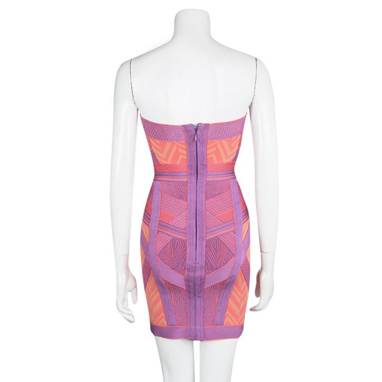 Pre Owned Herve Leger Colorblock Arden B Chevron Pattern Strapless Bandage Dress S 