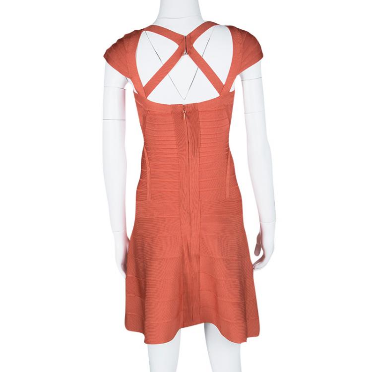 Pre Owned Herve Leger Orange Beatriz Essential  A Line Bandage Dress XS