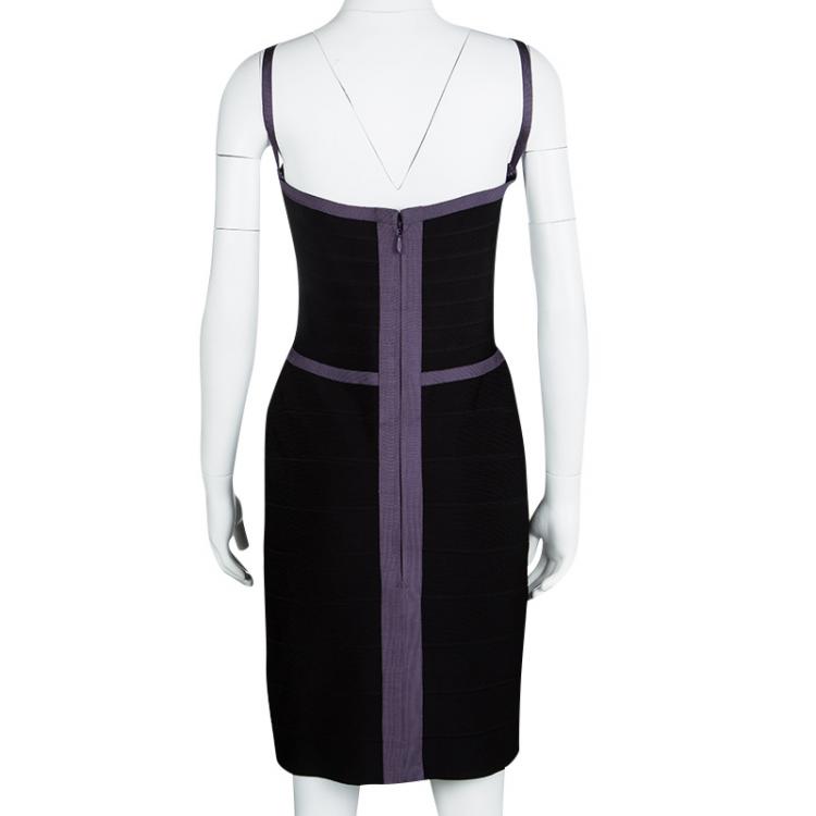 Pre Owned Herve Leger Black And Purple Knit Sleeveless Bandage Dress M