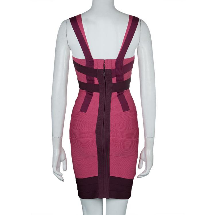Pre Owned Herve Leger Pink Knit Tonal Panel Detail Double Strap Bandage Dress S