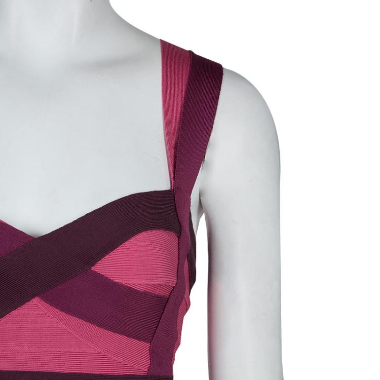 Pre Owned Herve Leger Pink Knit Tonal Panel Detail Double Strap Bandage Dress S