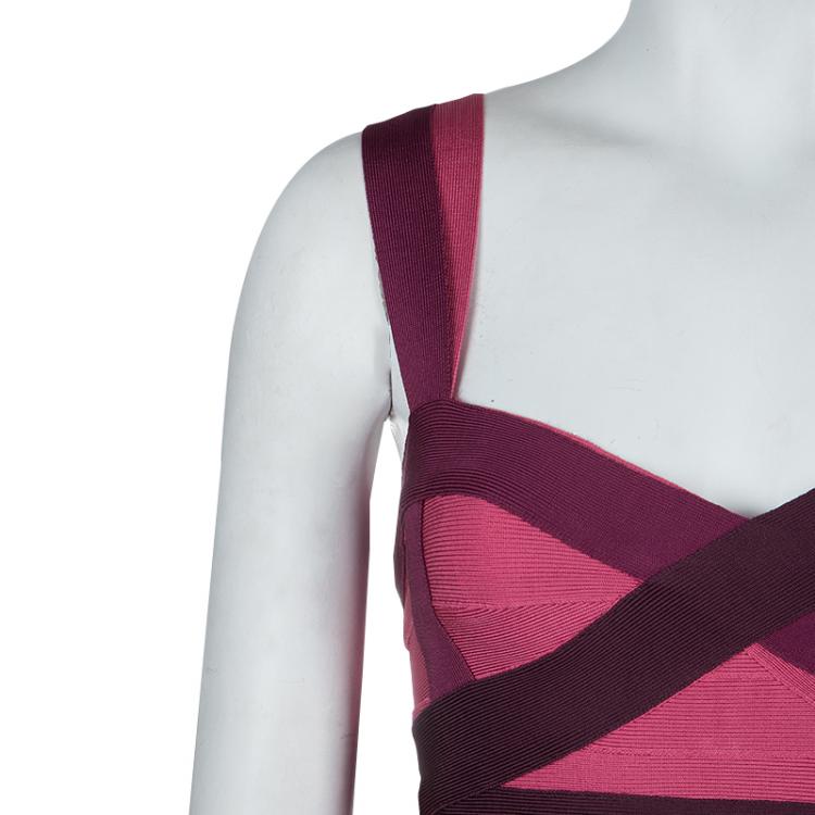 Pre Owned Herve Leger Pink Knit Tonal Panel Detail Double Strap Bandage Dress S