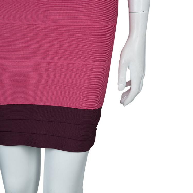 Pre Owned Herve Leger Pink Knit Tonal Panel Detail Double Strap Bandage Dress S