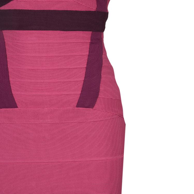 Pre Owned Herve Leger Pink Knit Tonal Panel Detail Double Strap Bandage Dress S