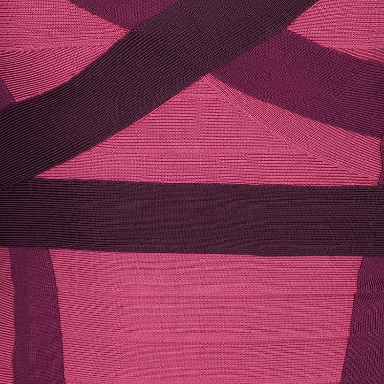 Pre Owned Herve Leger Pink Knit Tonal Panel Detail Double Strap Bandage Dress S