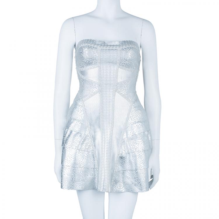 Pre Owned Herve Leger Faux Silver Leather Bandage Dress S