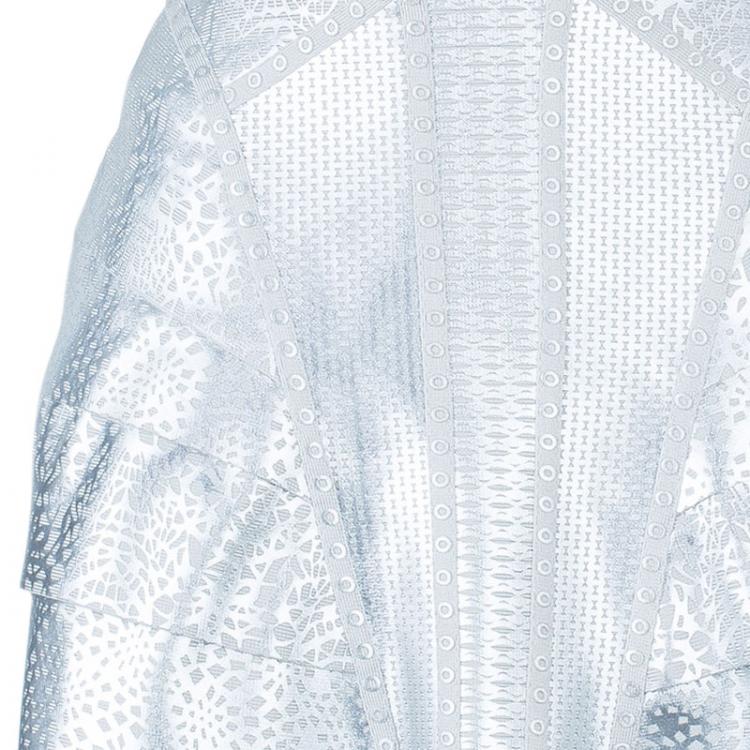 Pre Owned Herve Leger Faux Silver Leather Bandage Dress S
