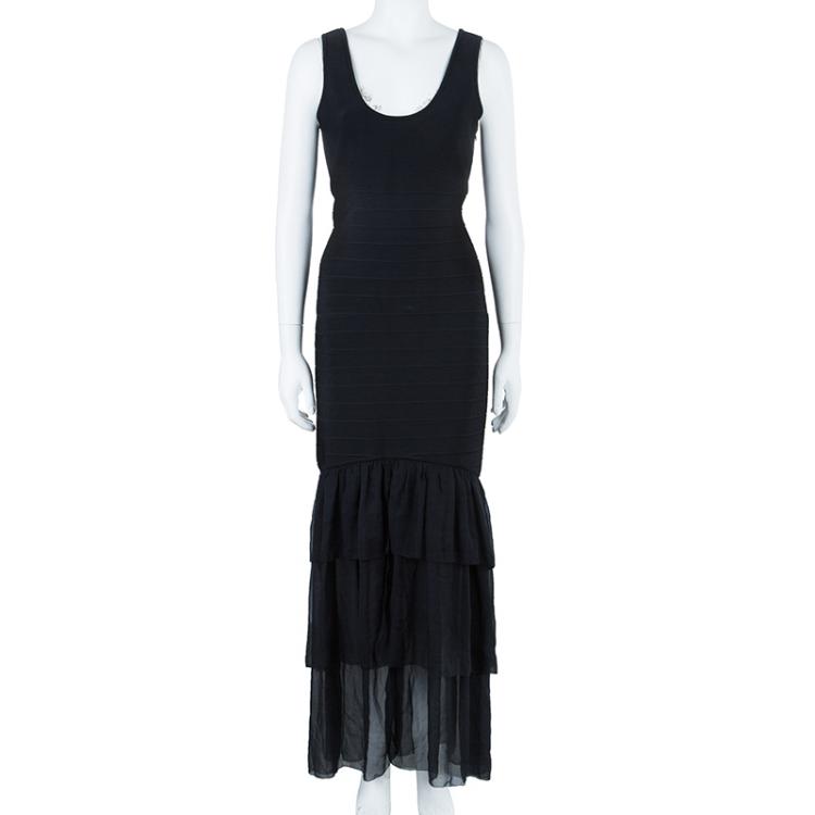 Pre Owned Herve Leger Black Bandage Chiffon Gown L