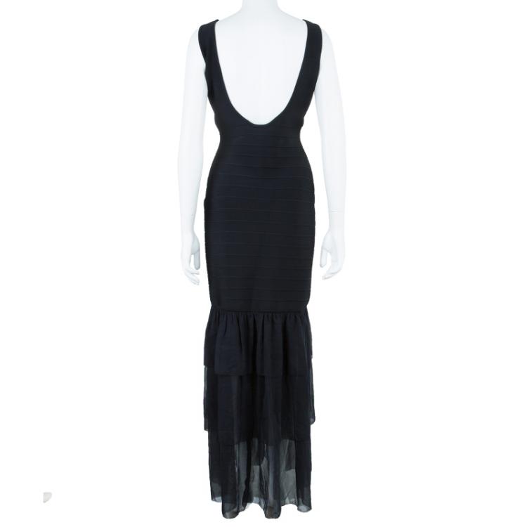 Pre Owned Herve Leger Black Bandage Chiffon Gown L