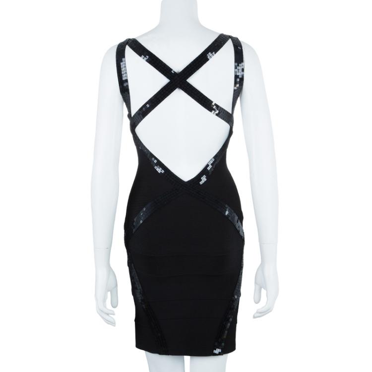 Pre Owned Herve Leger Black Sequin Bandage Dress XS 