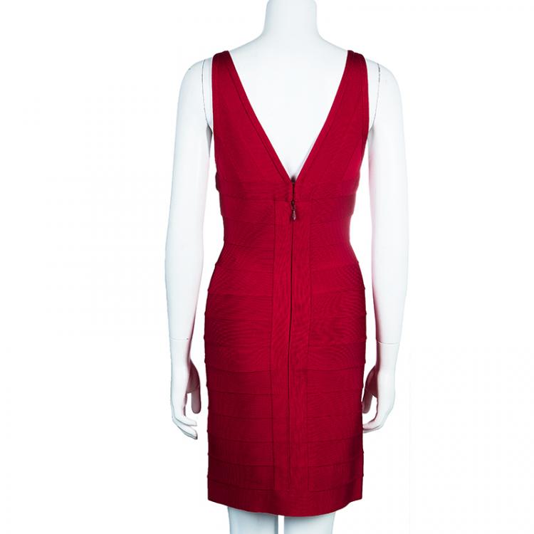 Pre Owned Herve Leger Red Bandage Dress M