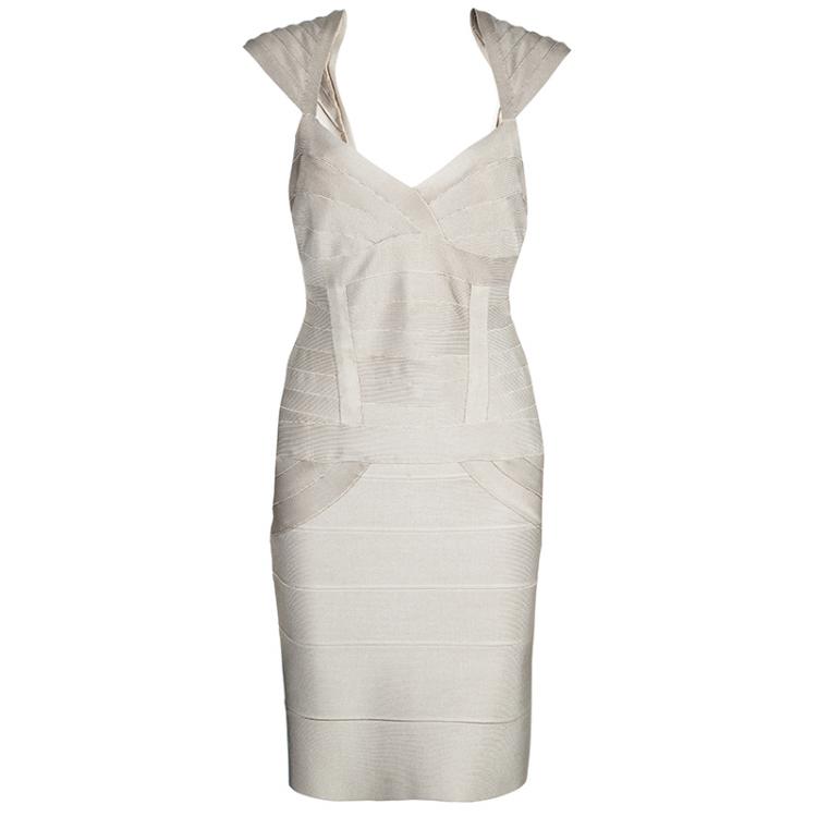 Pre Owned Herve Leger Beige Bandage Dress M