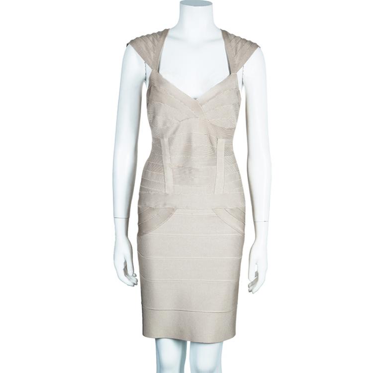 Pre Owned Herve Leger Beige Bandage Dress M