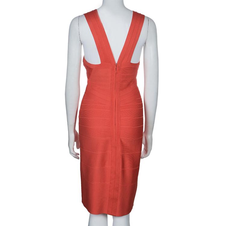 Pre Owned Herve Leger Red Sunburst Bandage Dress S