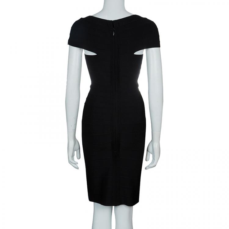 Pre Owned Herve Leger Black Cap Sleeve Bandage Dress XS