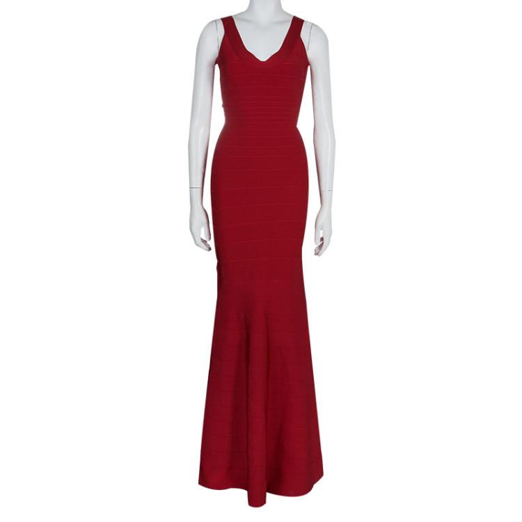 Pre Owned Herve Leger Red Bandage Flared Bottom Ellen Gown S