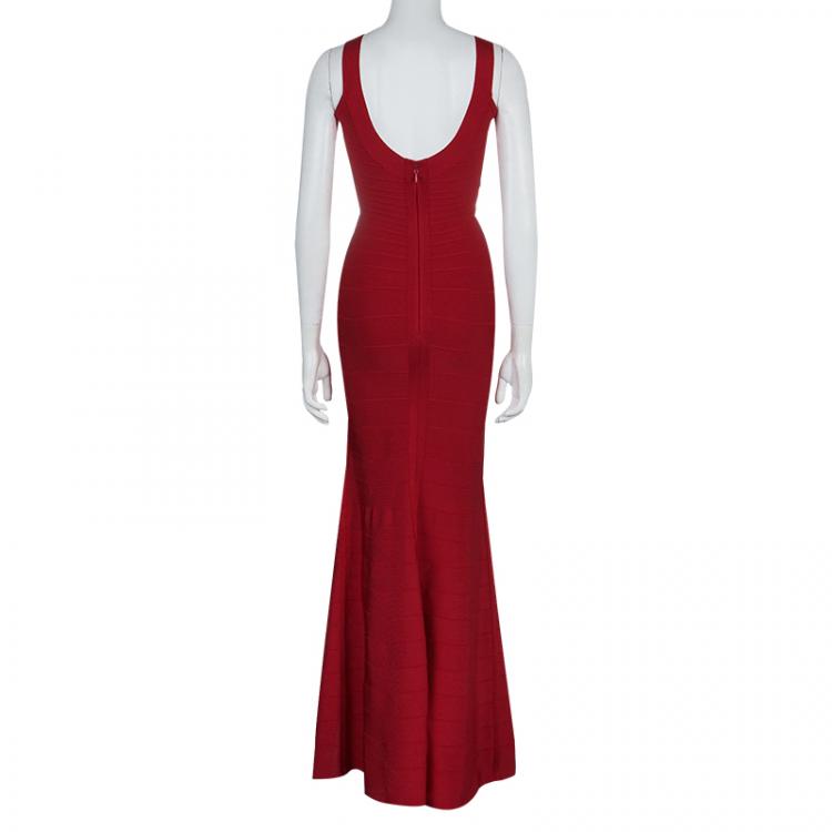 Pre Owned Herve Leger Red Bandage Flared Bottom Ellen Gown S