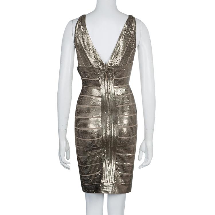 Pre Owned Herve Leger Gold Sequin Bandage Dress S